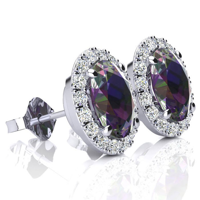 2 1/4 Carat Oval Shape Mystic Topaz and Halo Diamond Earrings In Sterling Silver
