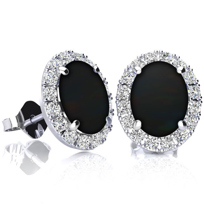 2 1 4 Carat Oval Shape Black Onyx Halo Diamond Earrings in Sterling Silver by SuperJeweler