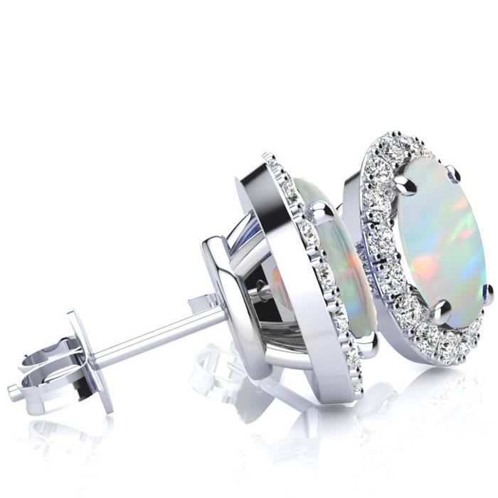 2 1/4 Carat Oval Shape Opal and Halo Diamond Earrings In Sterling Silver