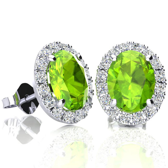 2 1/4 Carat Oval Shape Peridot and Halo Diamond Earrings In Sterling Silver