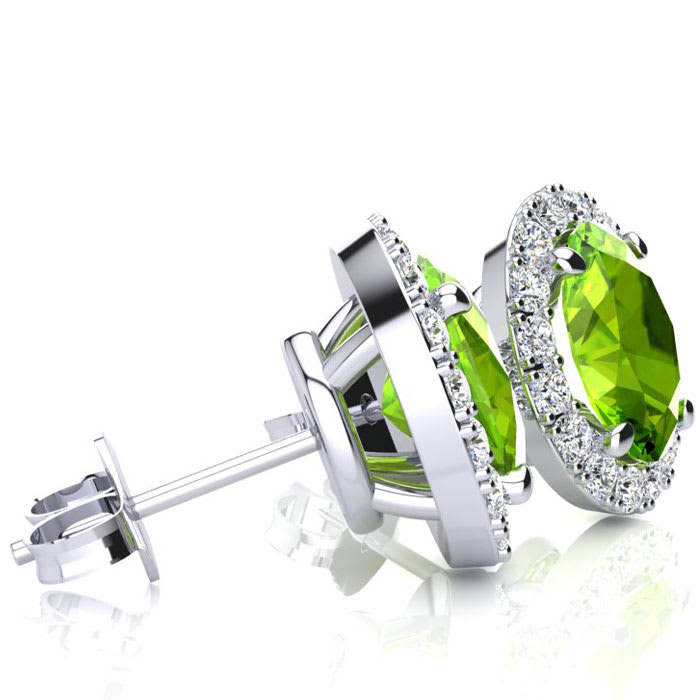 2 1/4 Carat Oval Shape Peridot and Halo Diamond Earrings In Sterling Silver