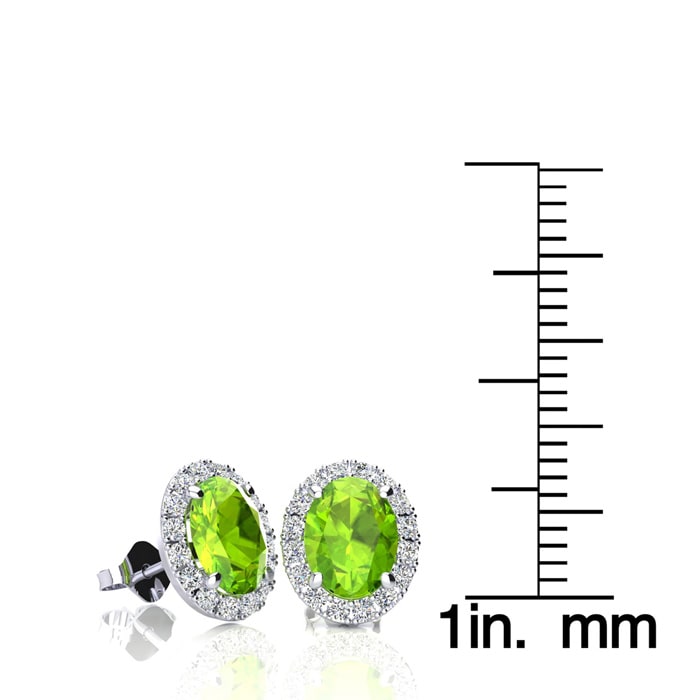 2 1/4 Carat Oval Shape Peridot and Halo Diamond Earrings In Sterling Silver