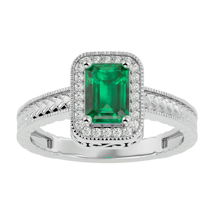 1.12 Carat Antique Style Emerald and Diamond Ring in 10 Karat White Gold