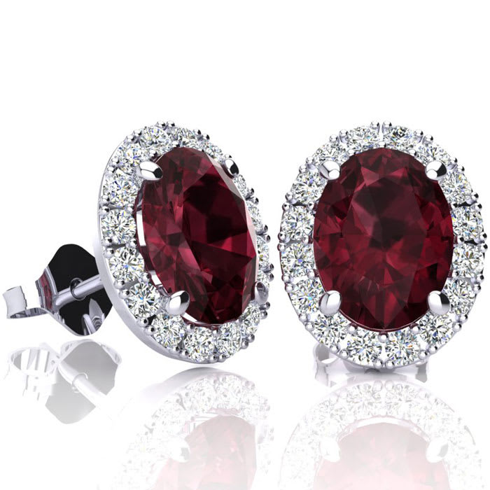 2 3/4 Carat Oval Shape Garnet and Halo Diamond Earrings In Sterling Silver