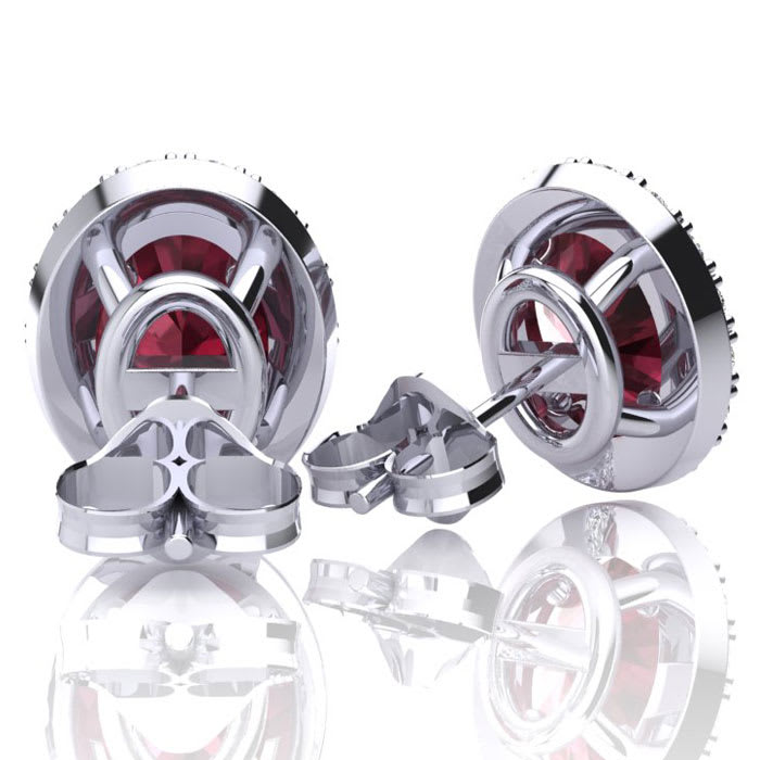 2 3/4 Carat Oval Shape Garnet and Halo Diamond Earrings In Sterling Silver