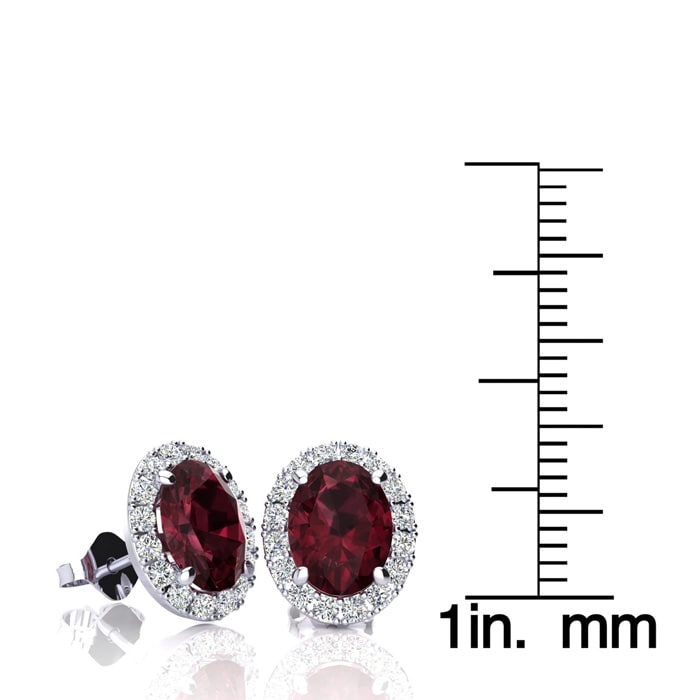 2 3/4 Carat Oval Shape Garnet and Halo Diamond Earrings In Sterling Silver