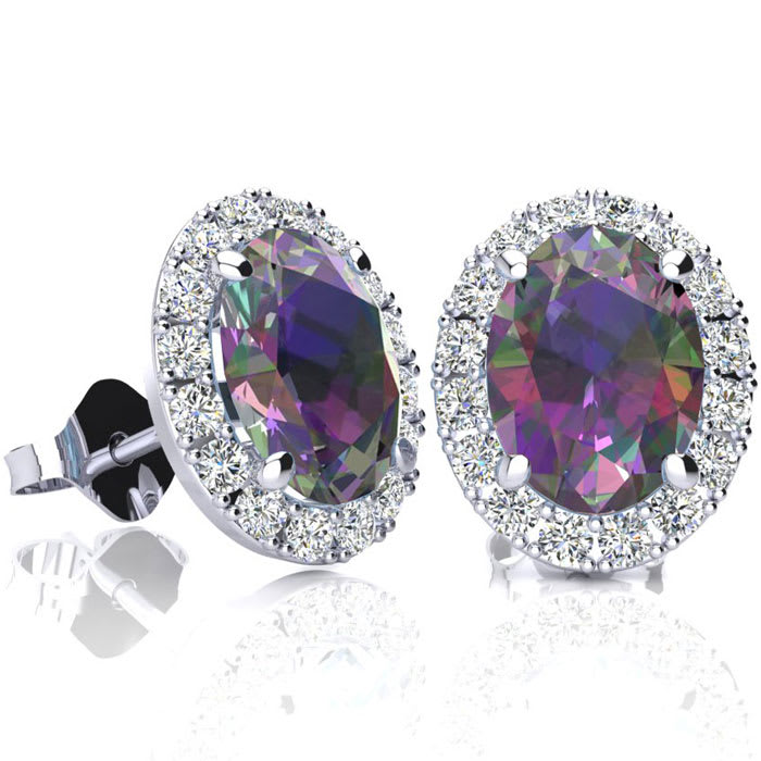 2 3/4 Carat Oval Shape Mystic Topaz and Halo Diamond Earrings In Sterling Silver