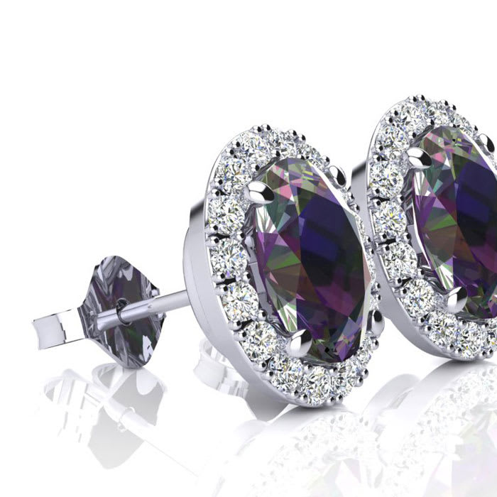 2 3/4 Carat Oval Shape Mystic Topaz and Halo Diamond Earrings In Sterling Silver