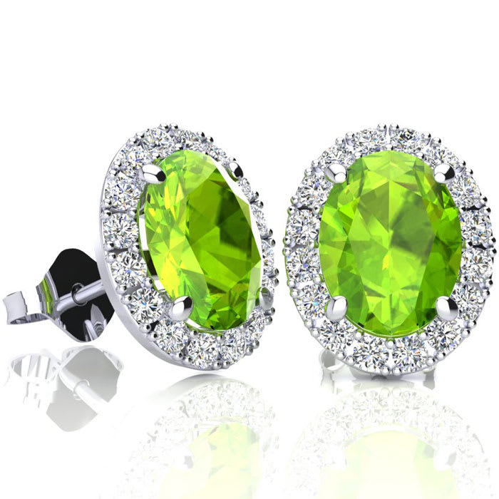 2 3/4 Carat Oval Shape Peridot and Halo Diamond Earrings In Sterling Silver