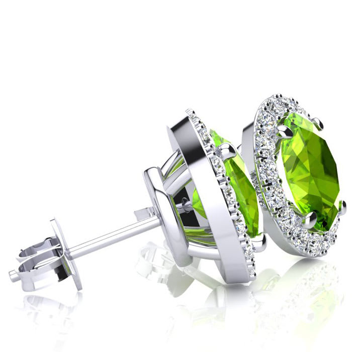 2 3/4 Carat Oval Shape Peridot and Halo Diamond Earrings In Sterling Silver