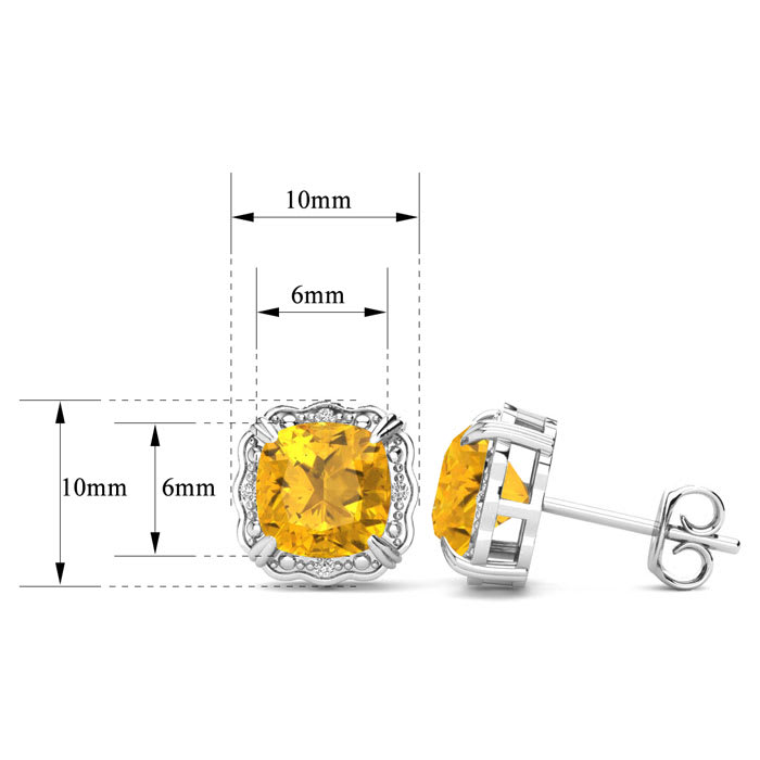 2 Carat Cushion Cut Citrine and Diamond Earrings In Sterling Silver