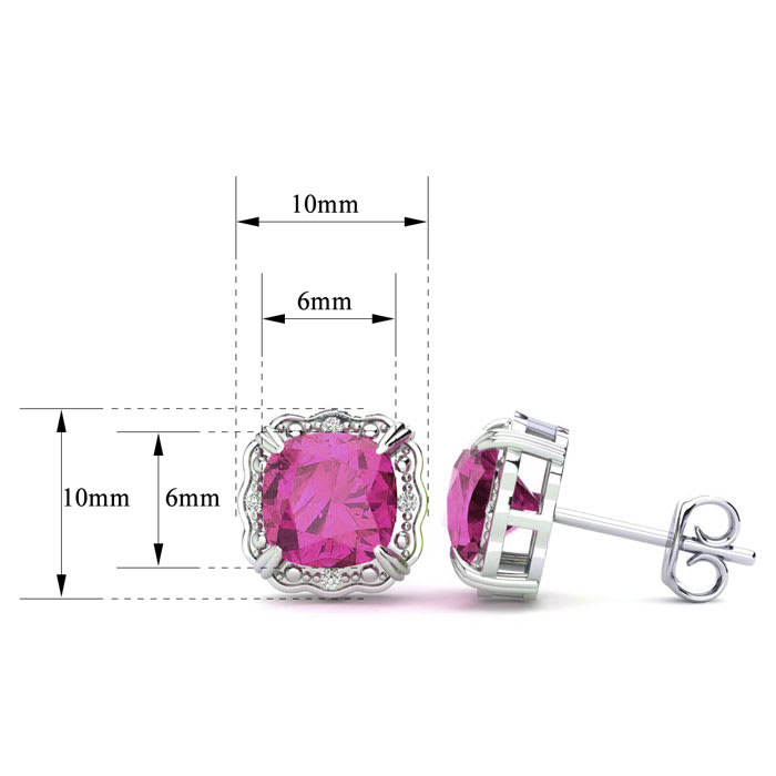 2 Carat Cushion Cut Pink Sapphire and Diamond Earrings In Sterling Silver