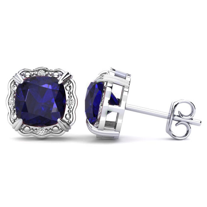 2 Carat Cushion Cut Sapphire and Diamond Earrings In Sterling Silver