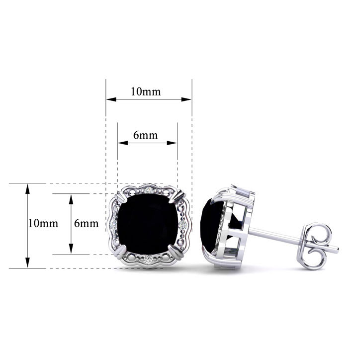 2 Carat Cushion Cut Black Onyx and Diamond Earrings In Sterling Silver