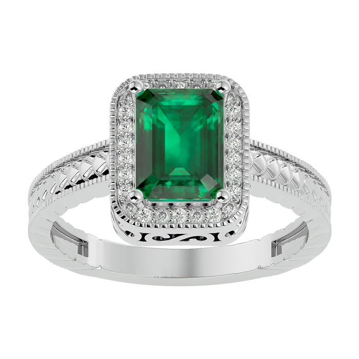 2 Carat Antique Style Emerald and Diamond Ring in 14 Karat White Gold