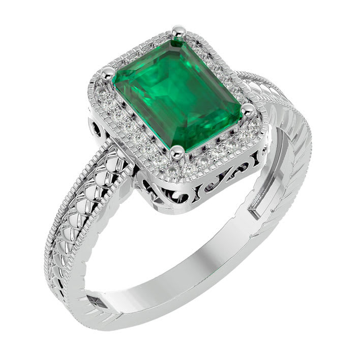 2 Carat Antique Style Emerald and Diamond Ring in 14 Karat White Gold