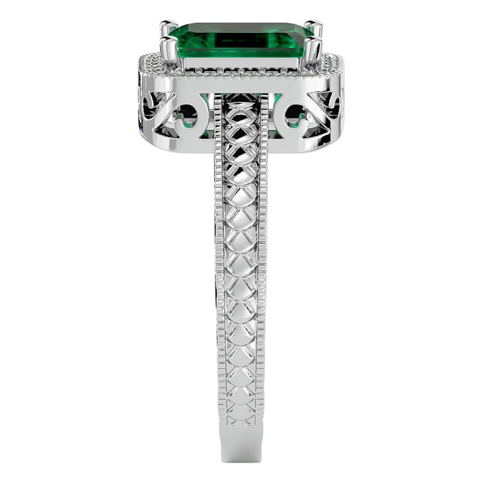 2 Carat Antique Style Emerald and Diamond Ring in 14 Karat White Gold