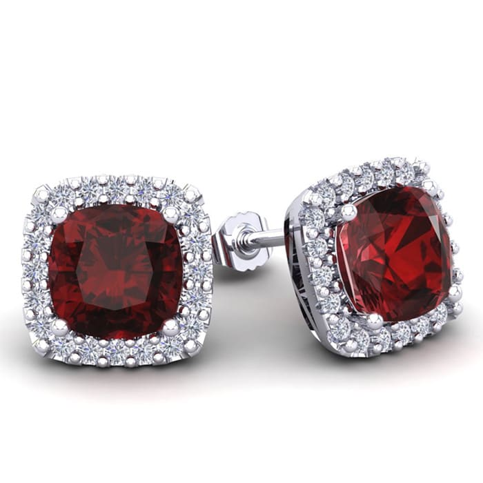 2 1/4 Carat Cushion Cut Garnet and Halo Diamond Earrings In Sterling Silver
