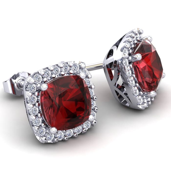 2 1/4 Carat Cushion Cut Garnet and Halo Diamond Earrings In Sterling Silver