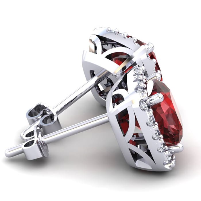 2 1/4 Carat Cushion Cut Garnet and Halo Diamond Earrings In Sterling Silver