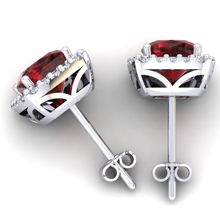 2 1/4 Carat Cushion Cut Garnet and Halo Diamond Earrings In Sterling Silver
