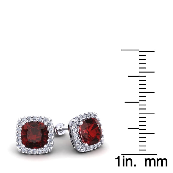 2 1/4 Carat Cushion Cut Garnet and Halo Diamond Earrings In Sterling Silver