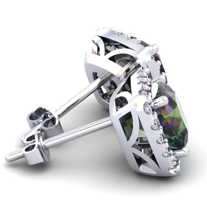 2 1/4 Carat Cushion Cut Mystic Topaz and Halo Diamond Earrings In Sterling Silver