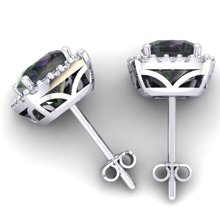 2 1/4 Carat Cushion Cut Mystic Topaz and Halo Diamond Earrings In Sterling Silver