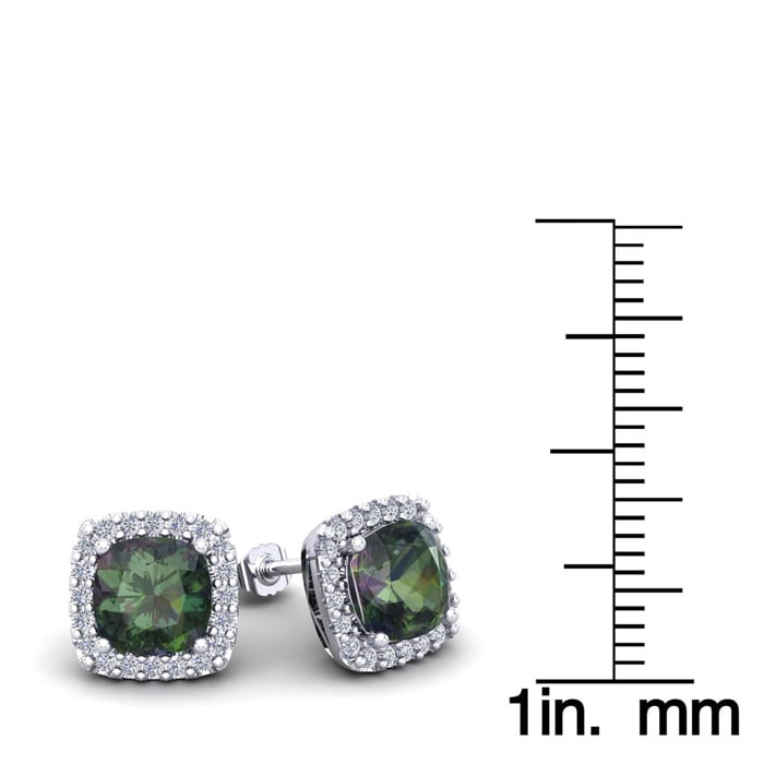 2 1/4 Carat Cushion Cut Mystic Topaz and Halo Diamond Earrings In Sterling Silver