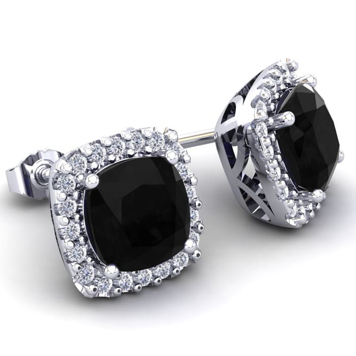 2 1/4 Carat Cushion Cut Black Onyx and Halo Diamond Earrings In Sterling Silver