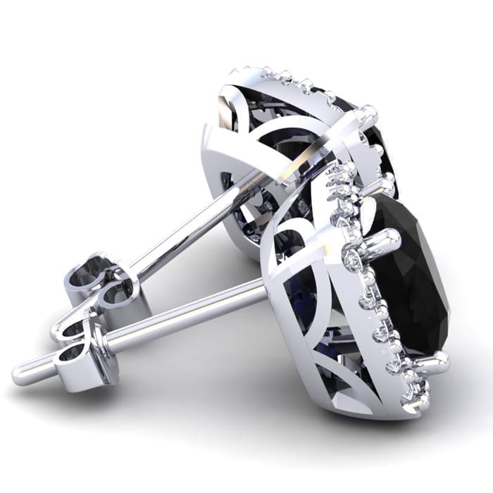 2 1/4 Carat Cushion Cut Black Onyx and Halo Diamond Earrings In Sterling Silver