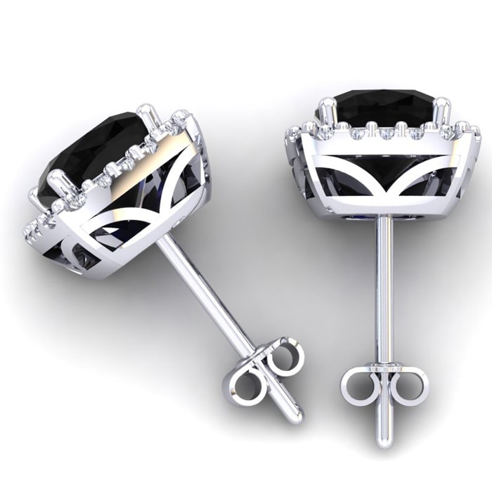 2 1/4 Carat Cushion Cut Black Onyx and Halo Diamond Earrings In Sterling Silver