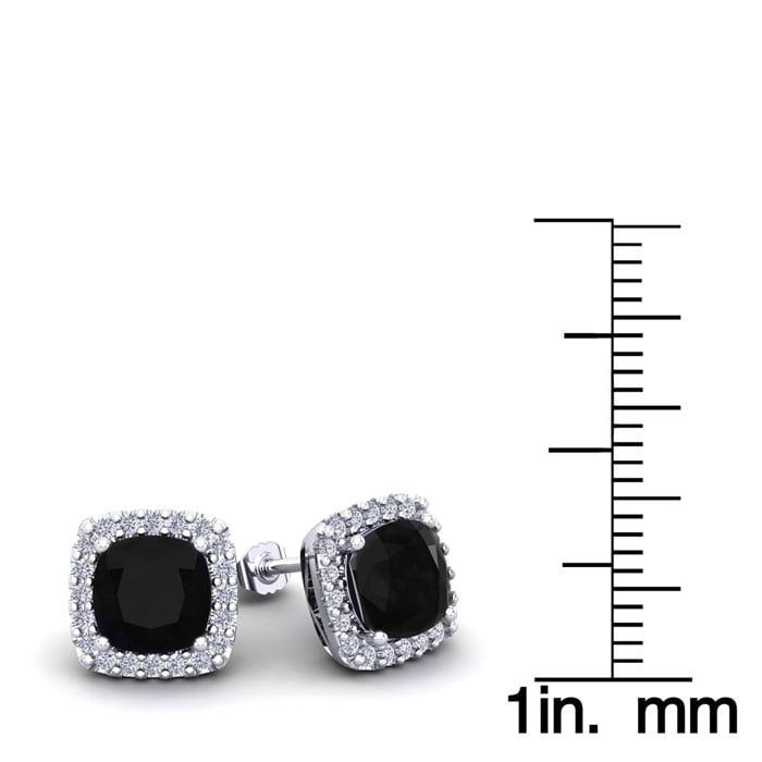 2 1/4 Carat Cushion Cut Black Onyx and Halo Diamond Earrings In Sterling Silver