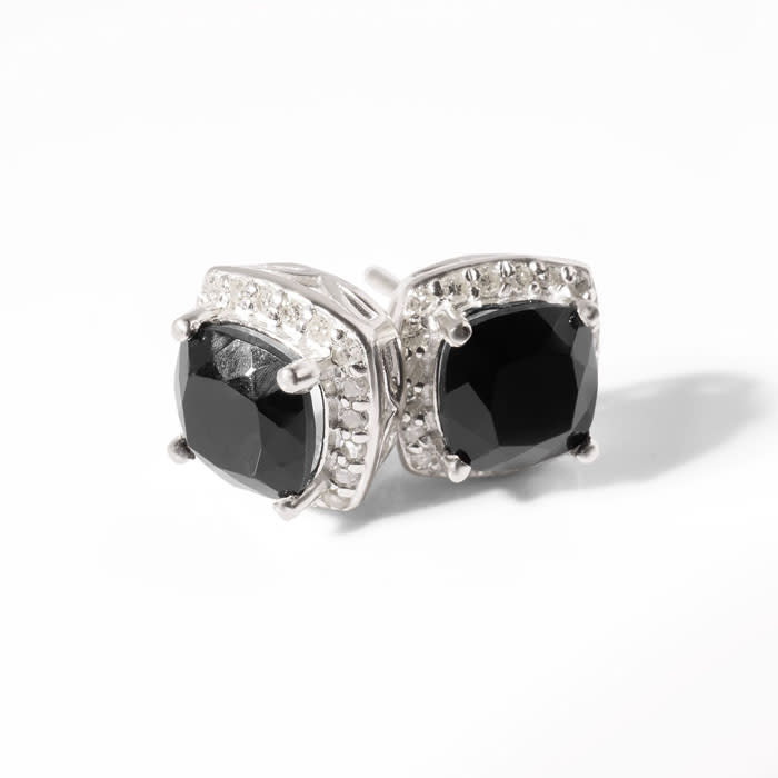 2 1/4 Carat Cushion Cut Black Onyx and Halo Diamond Earrings In Sterling Silver