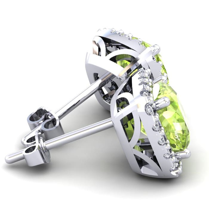 2 1/4 Carat Cushion Cut Peridot and Halo Diamond Earrings In Sterling Silver