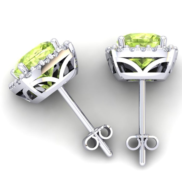 2 1/4 Carat Cushion Cut Peridot and Halo Diamond Earrings In Sterling Silver