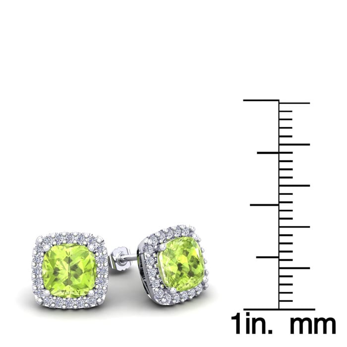 2 1/4 Carat Cushion Cut Peridot and Halo Diamond Earrings In Sterling Silver