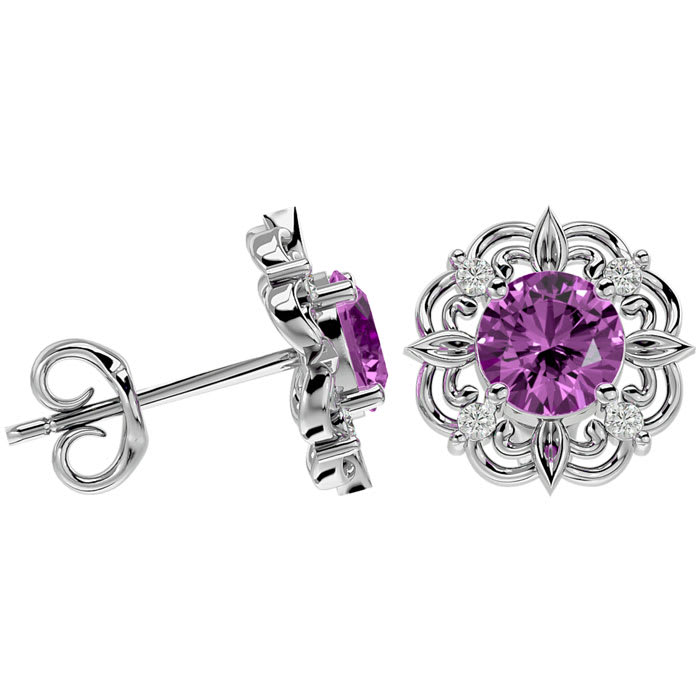 2 Carat Pink Sapphire and Diamond Antique Stud Earrings In Sterling Silver