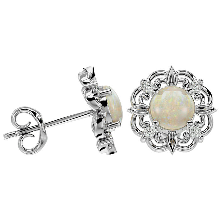 2 Carat Opal and Diamond Antique Stud Earrings In Sterling Silver