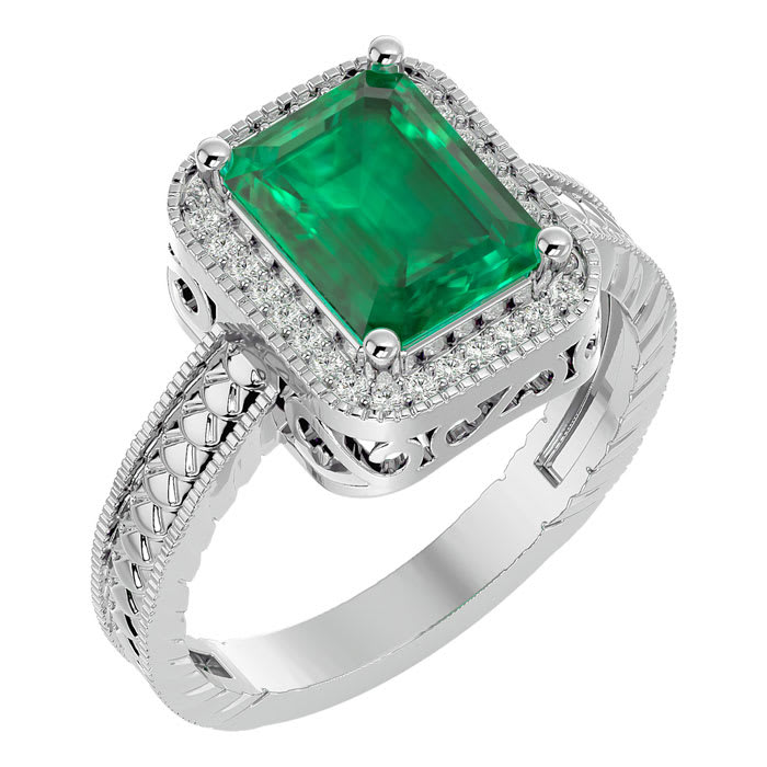 2 1/2 Carat Antique Style Emerald and Diamond Ring in 14 Karat White Gold