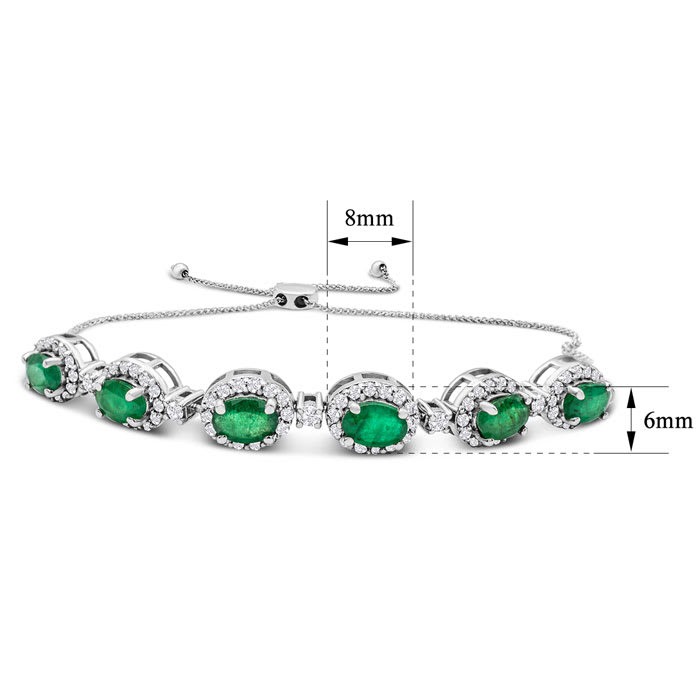4 Carat Emerald and Diamond Bolo Bracelet In 14 Karat White Gold, Adjustable 6-9 Inches