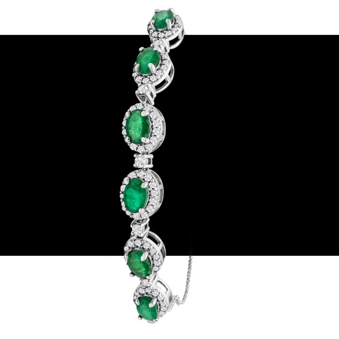 4 Carat Emerald and Diamond Bolo Bracelet In 14 Karat White Gold, Adjustable 6-9 Inches