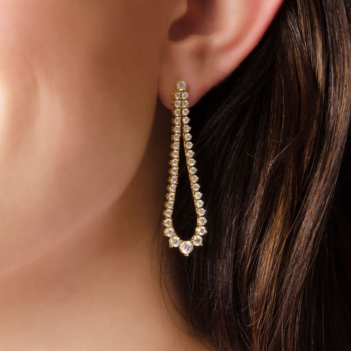 3 Carat Diamond Drop Earrings In 14 Karat Yellow Gold, 2 Inches