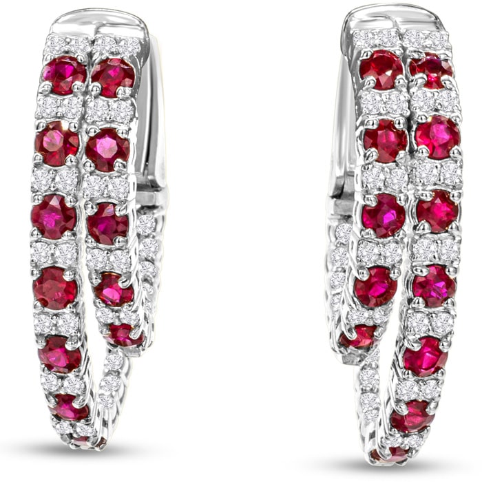 2 1/2 Carat Ruby and Diamond Hoop Earrings In 14 Karat White Gold, 1 Inch