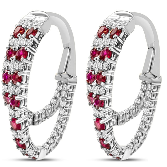 2 1/2 Carat Ruby and Diamond Hoop Earrings In 14 Karat White Gold, 1 Inch