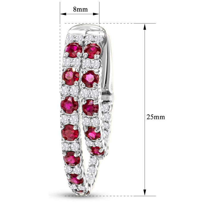 2 1/2 Carat Ruby and Diamond Hoop Earrings In 14 Karat White Gold, 1 Inch