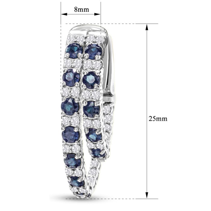 2 1/2 Carat Sapphire and Diamond Hoop Earrings In 14 Karat White Gold, 1 Inch