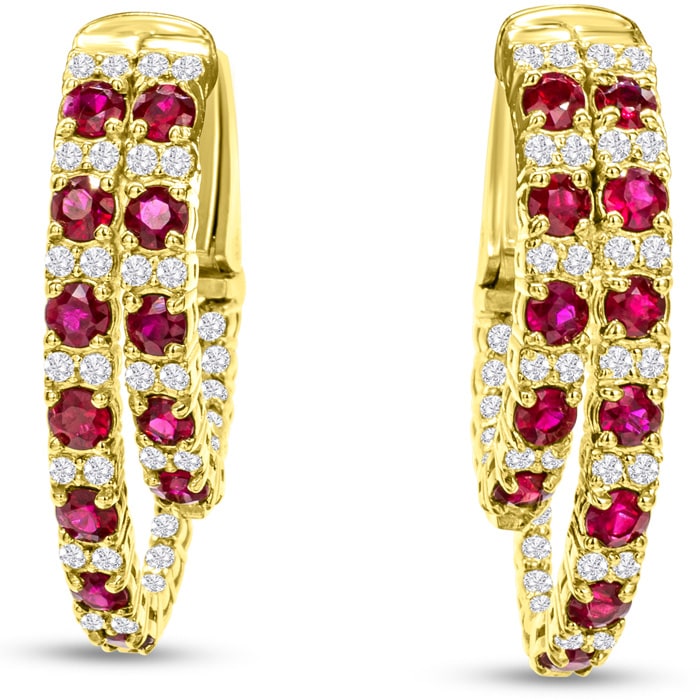 2 1/2 Carat Ruby and Diamond Hoop Earrings In 14 Karat Yellow Gold, 1 Inch