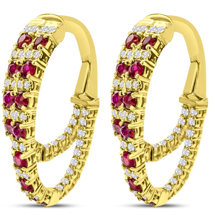 2 1/2 Carat Ruby and Diamond Hoop Earrings In 14 Karat Yellow Gold, 1 Inch