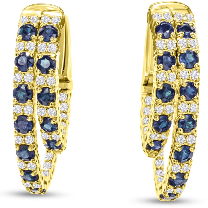 2 1/2 Carat Sapphire and Diamond Hoop Earrings In 14 Karat Yellow Gold, 1 Inch